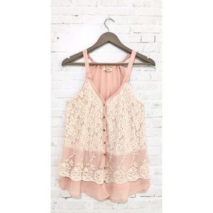 Blush Button-Front Lace Overlay Tank